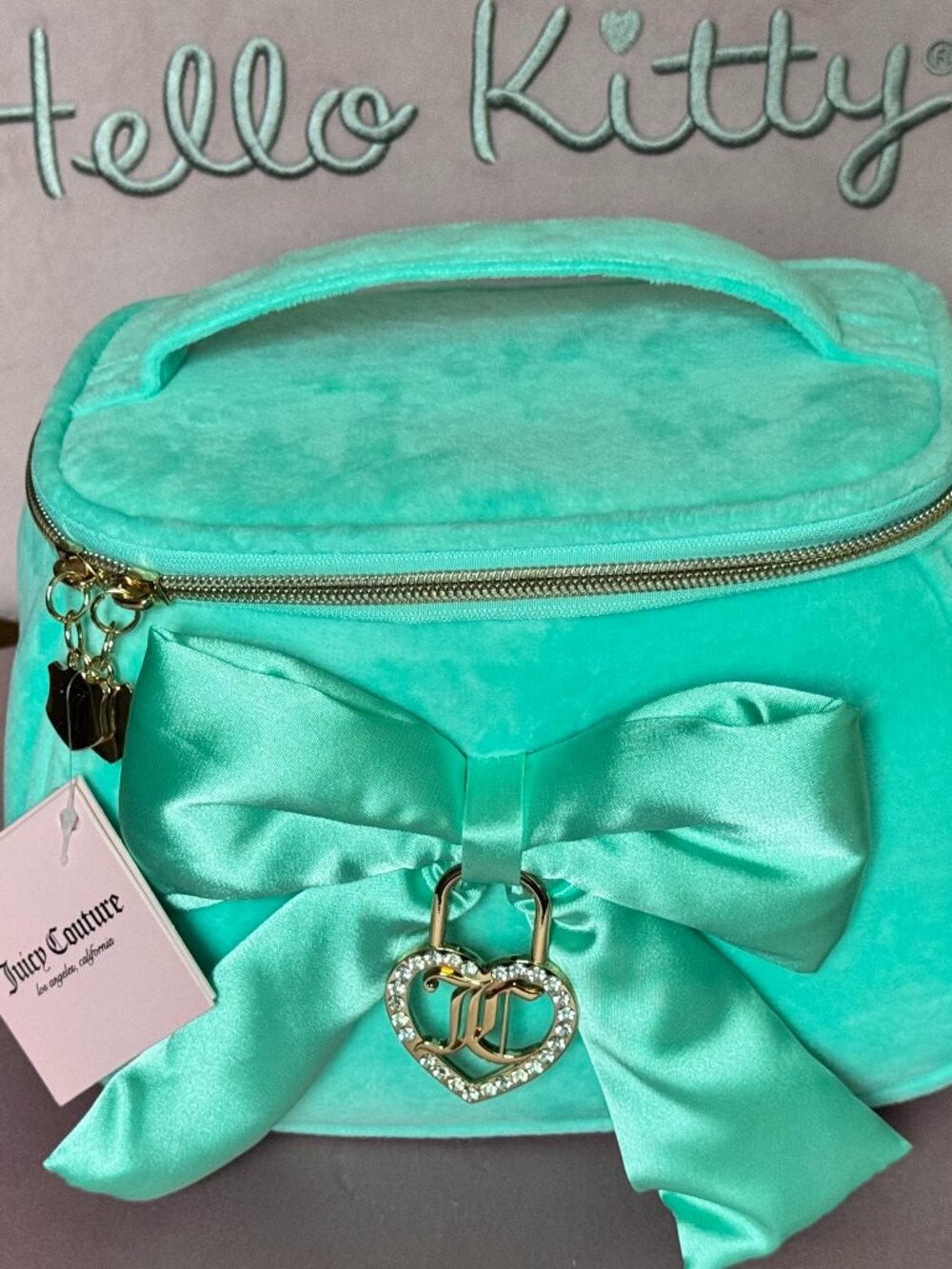 Juicy Couture Aqua Mint Velour Bow Cosmetic Bag Rhinestone Heart Lock Y2K NWT